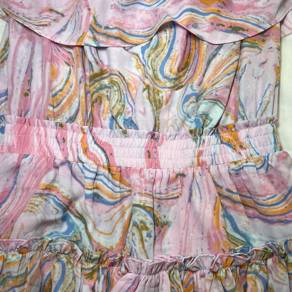 Buddy Love Dress Size M Pink Swirl Off Shoulder Smocked Waist Chiffon Mini NWT - Picture 7 of 12